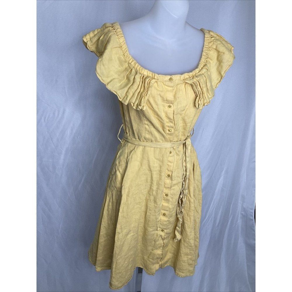 Zara Large Boho Off Shoulder Knee Length Yellow Linen Dress Date Night Romantic - Picture 4 of 8